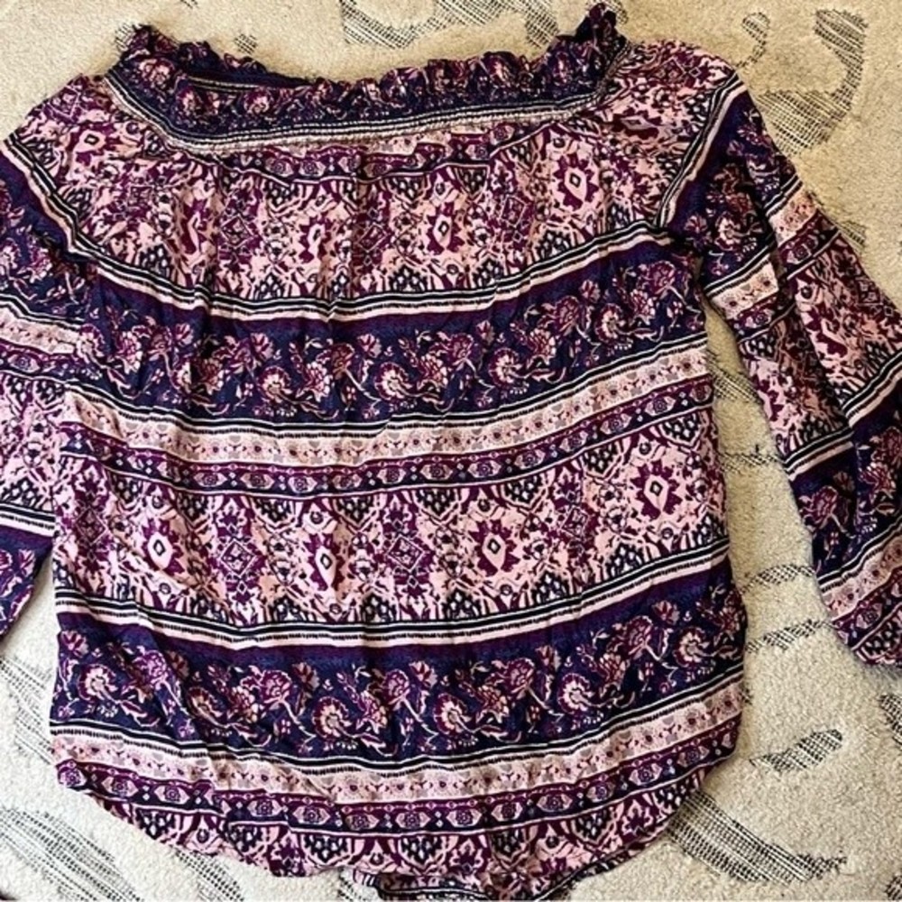 Beach lunch lounge boho top blouse size large small petite purple and pink